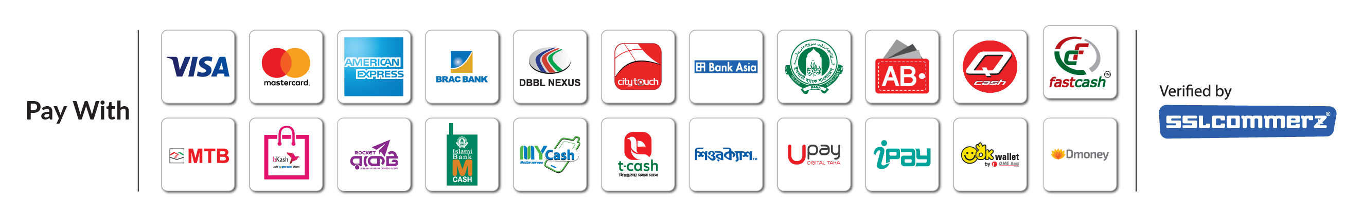 Accepted payment methods: Visa, Mastercard, American Express, bKash, Nagad, Rocket, DBBL Nexus, City Touch, Bank Asia and more — verified by SSLCommerz